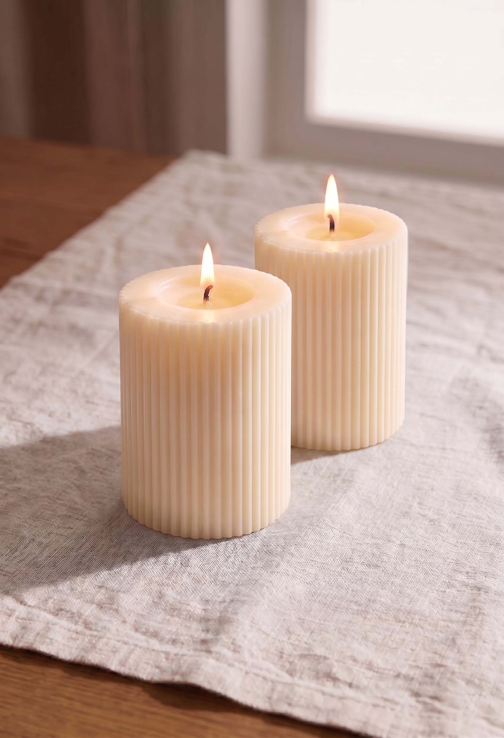 Ivory Ribbed Pillar Candles - Set of 2