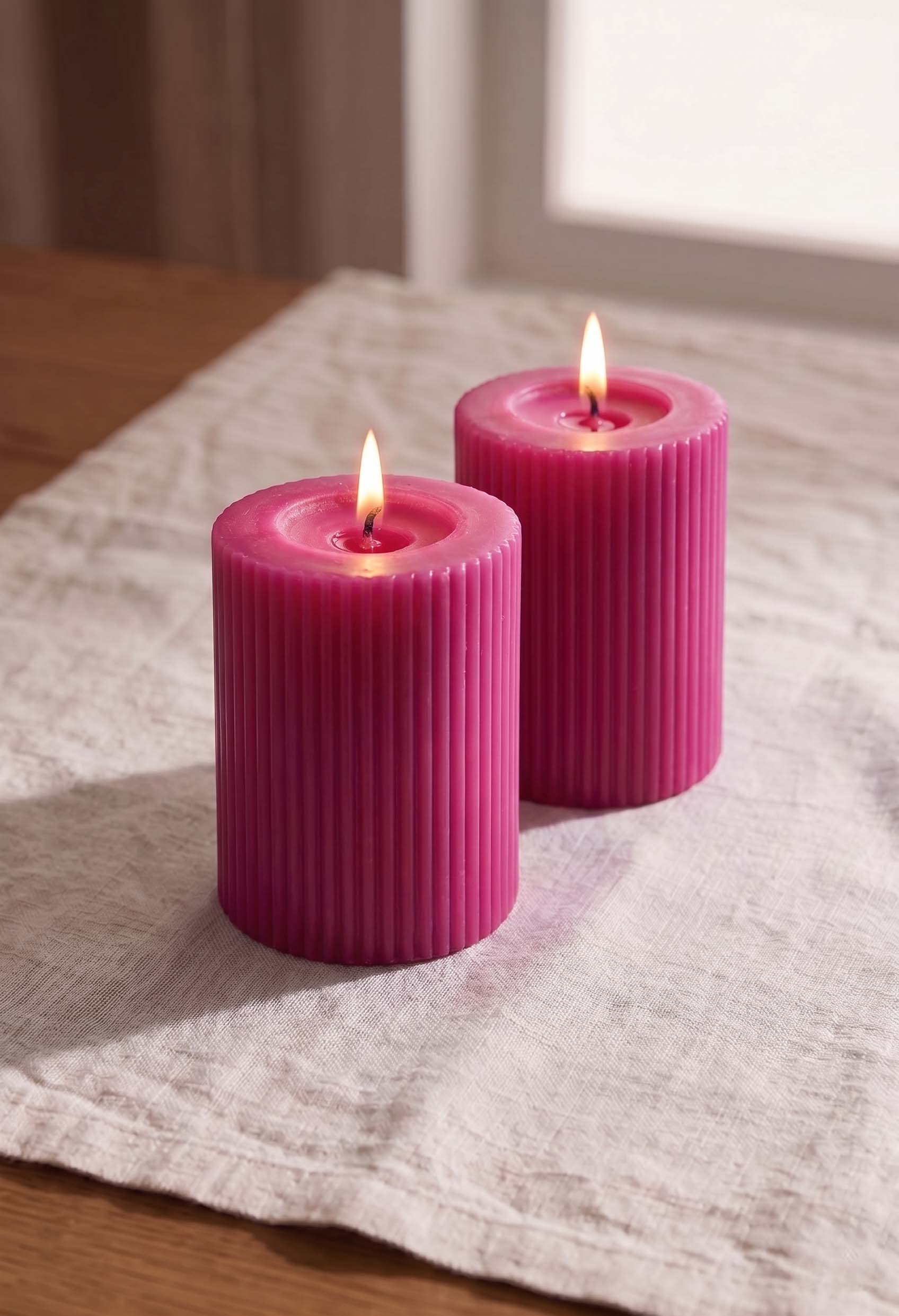 Ivory Ribbed Pillar Candles - Set of 2