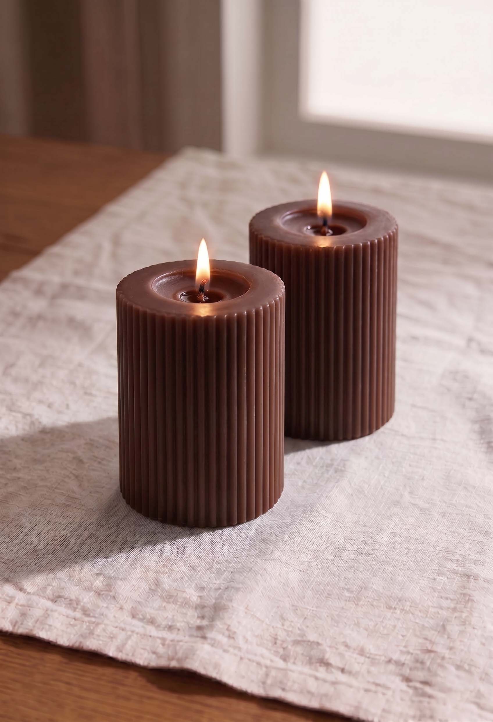 Ivory Ribbed Pillar Candles - Set of 2